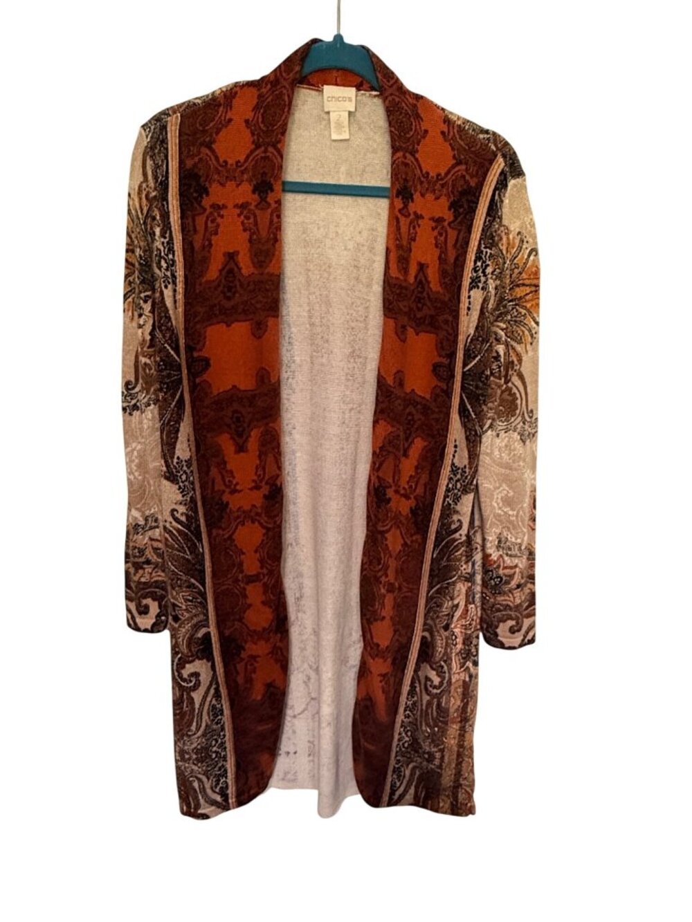 Chico's Duster Cardigan Multi Earthtone Scroll Regal Paisley Womans 2-L